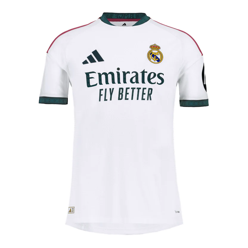 Real Madrid 26/27 Home Player Version football jersey in white with dark green collar and sleeve details, pink adidas shoulder stripes, and premium slim-fit design displayed on a plain background.